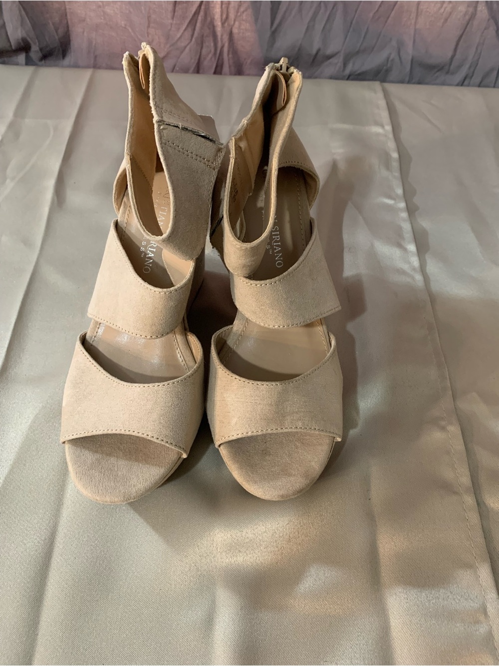 Christian Siriano Beige Suede Open-Toe Block Heels A/11